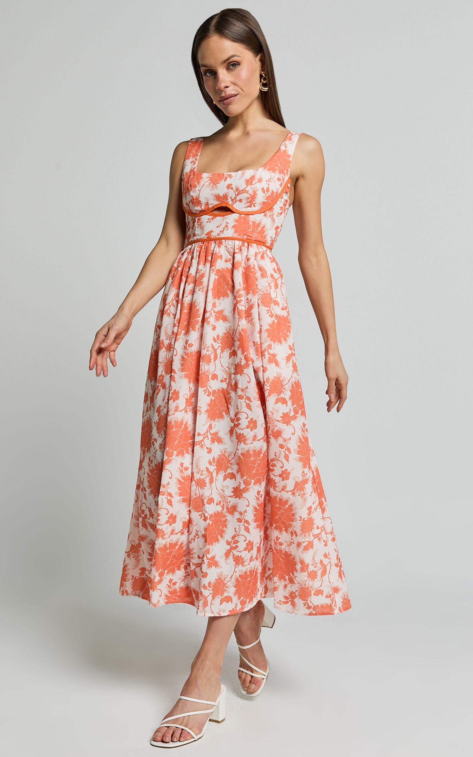 Chira Midi Dress - Front Cut Out Thigh Split Dress in Orange Floral Product Image