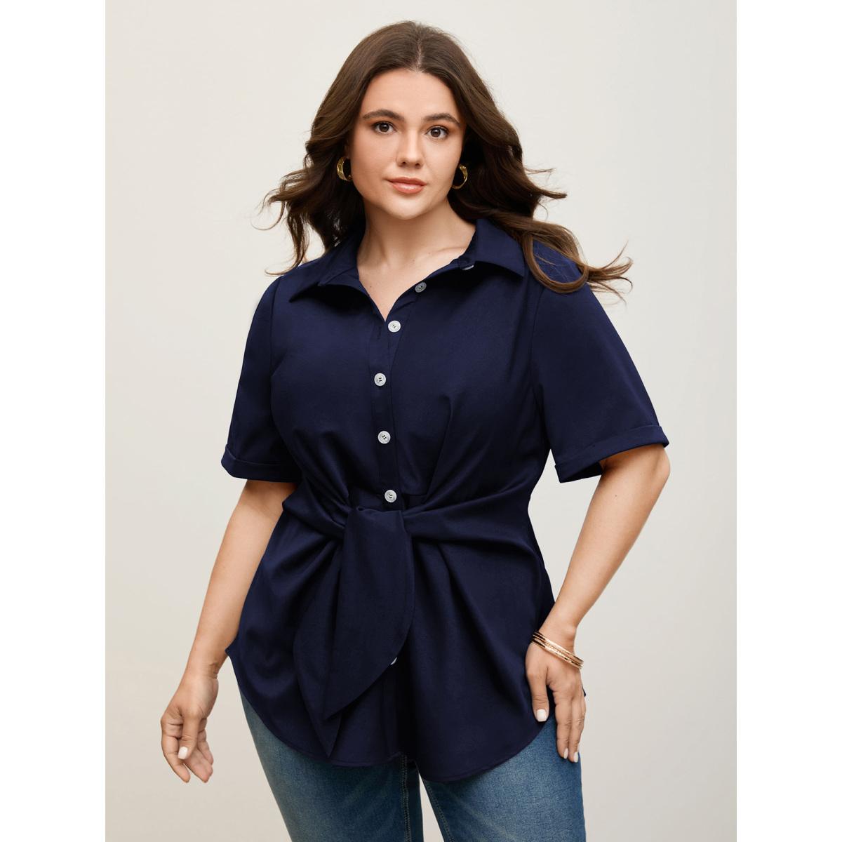 Plus Size Black Knotted Front Asymmetrical Hem Blouse Women Office Short sleeve Shirt collar Office Blouses BloomChic 14-16/1X Product Image