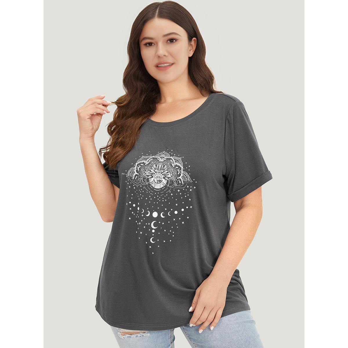 Plus Size Floral & Moon Print Crew Neck Roll Sleeve T-shirt DimGray Women Casual Printed Star and moon Dailywear T-shirts BloomChic 30/6X Product Image