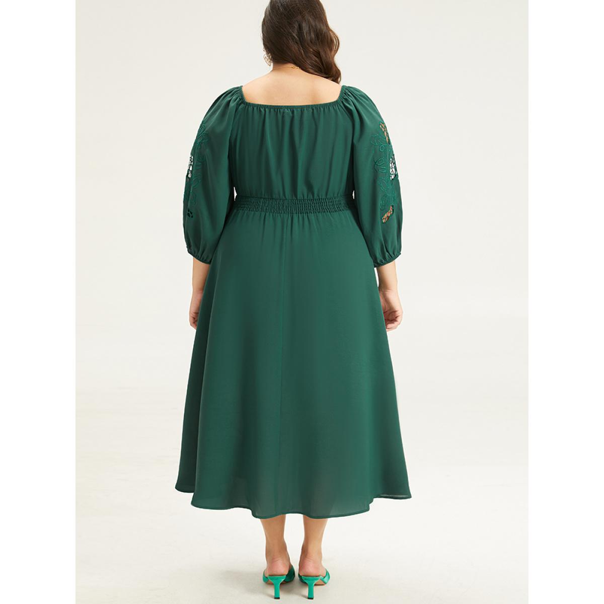Plus Size Plain Tie Neck Cut Out Shirred Dress DarkGreen Women Elegant Elastic cuffs Square Neck Long Sleeve Curvy Midi Dress BloomChic 14-16/1X Product Image