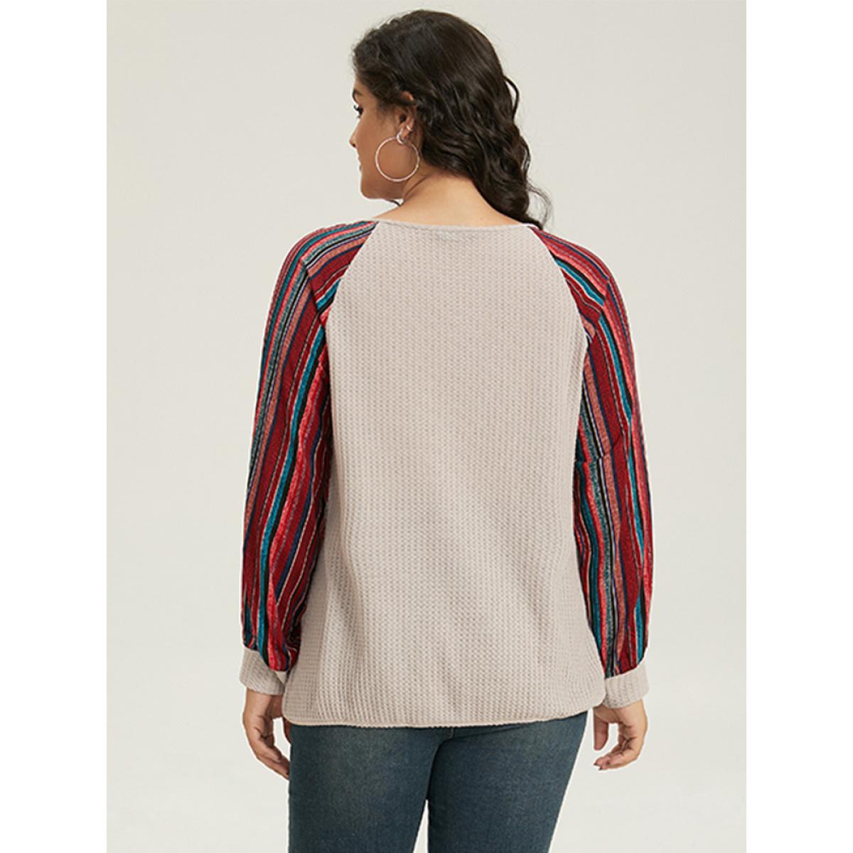 Plus Size Bandana Print Patchwork V Neck Raglan Sleeve T-shirt LightBrown Women Casual Elastic cuffs Bohemian Print Overlap Collar Dailywear T-shirts BloomChic 10/M Product Image