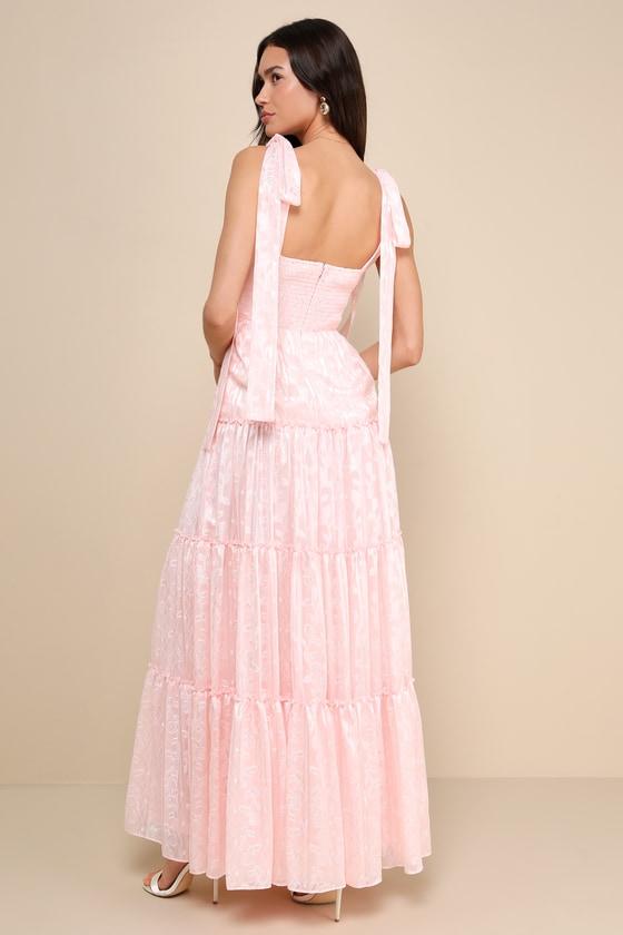 Picturesque Allure Blush Pink Jacquard Tie-Strap Maxi Dress Product Image