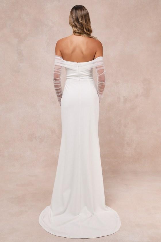 Beautifully Beloved White Mesh Off-the-Shoulder Maxi Dress Product Image