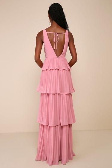 Mesmerizing Essence Pink Pleated Backless Tiered Maxi Dress Product Image