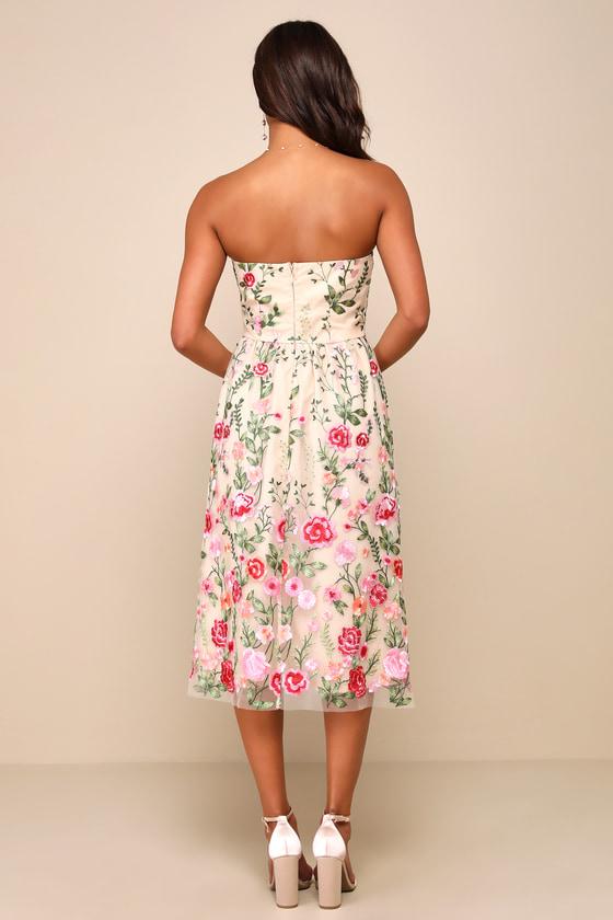 Endless Praise Beige Floral Embroidered Strapless Midi Dress Product Image
