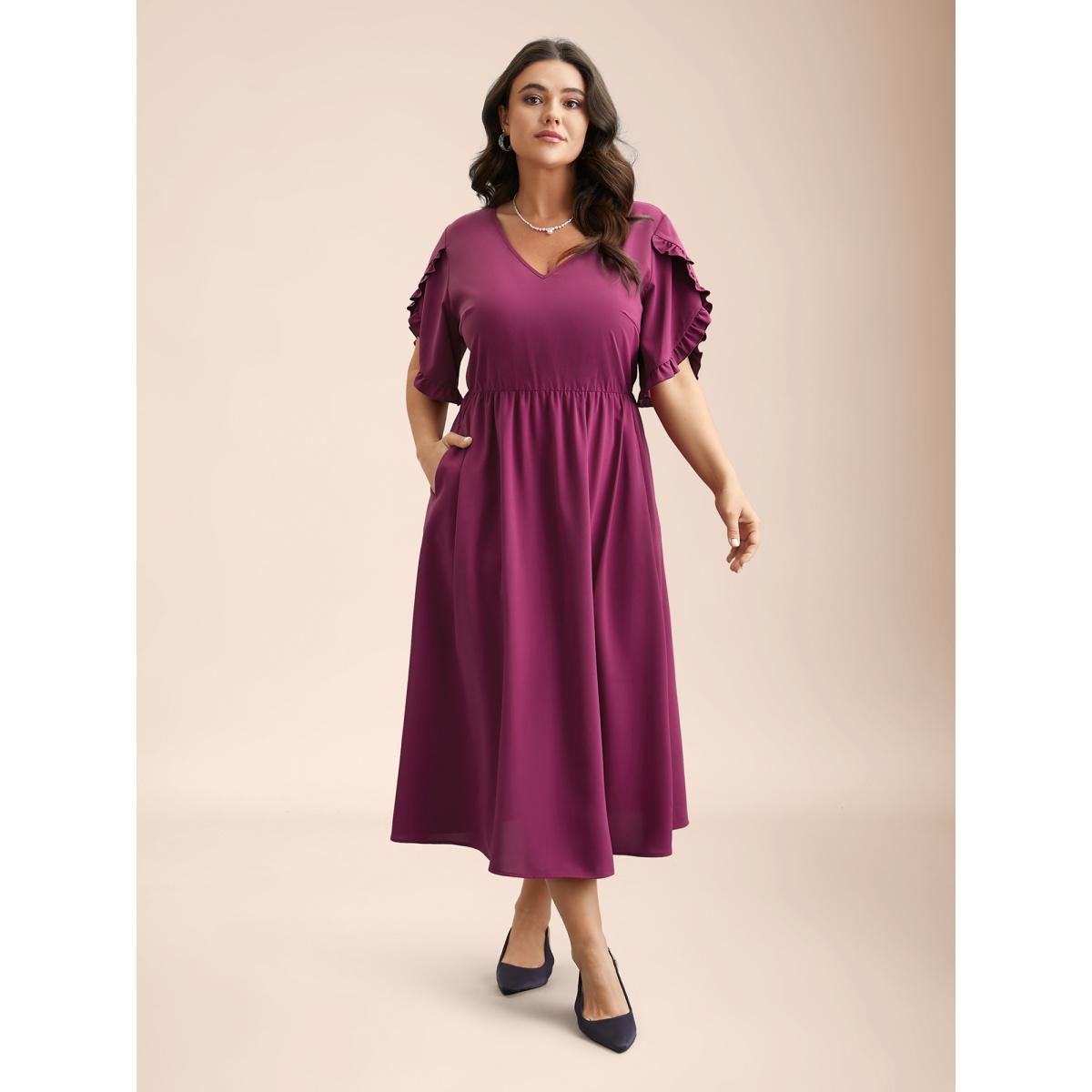 Plus Size Petal Sleeve Ruffled Waist-Cinched Midi Dress Deeppurplered Women Elegant Frill Trim V-neck Half Sleeve Curvy BloomChic 30/6X Product Image