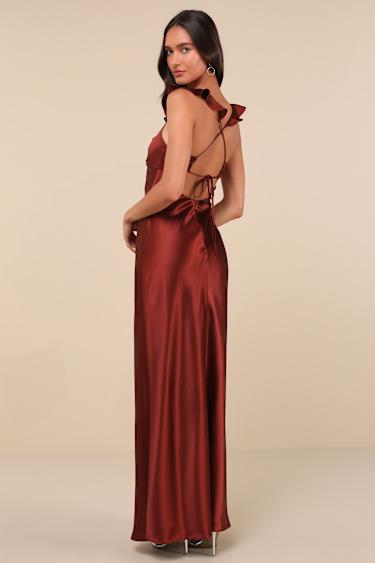 Exuberant Luxury Rust Satin Ruffled Lace-Up Maxi Dress Product Image