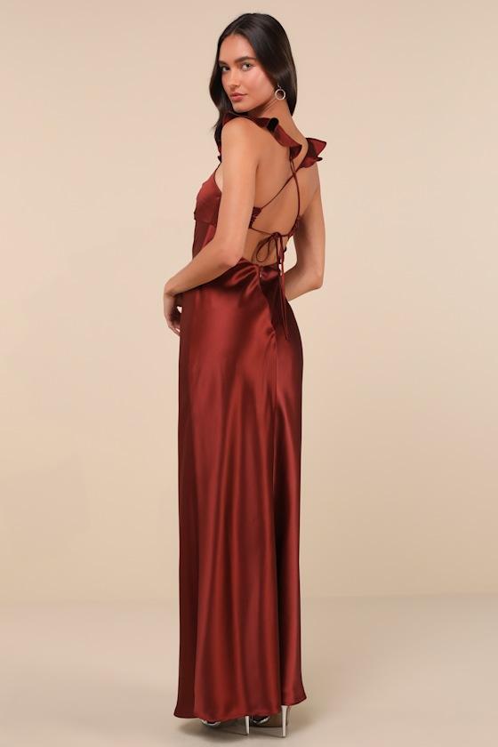 Exuberant Luxury Rust Satin Ruffled Lace-Up Maxi Dress Product Image