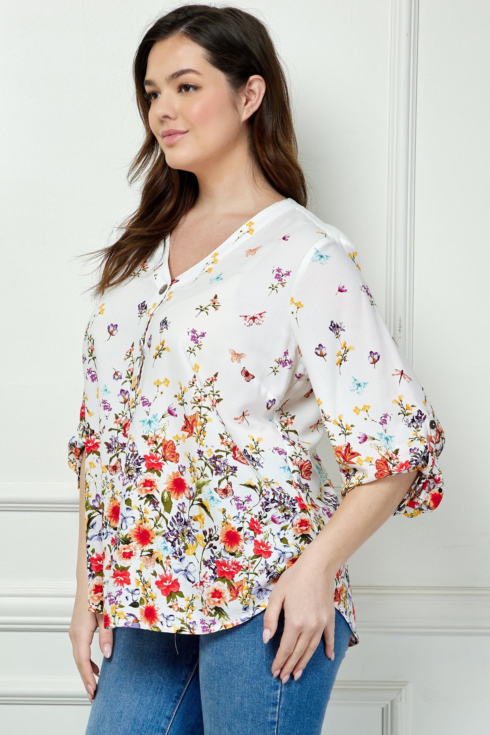 Wildflower 3/4 Button Tab Sleeve Big Button V-Neck Border Print Blouse - Plus Product Image
