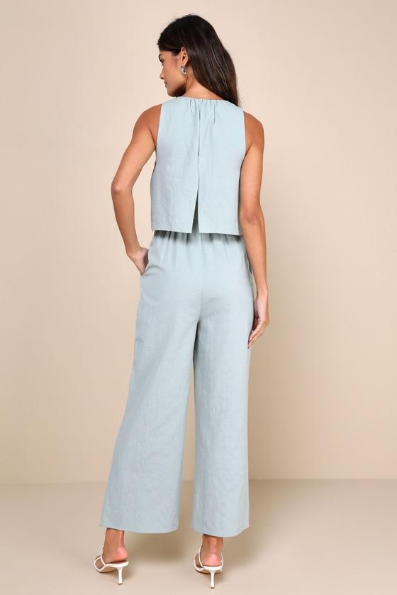 Breezy Sophistication Sage Green Textured Wide-Leg Jumpsuit Product Image