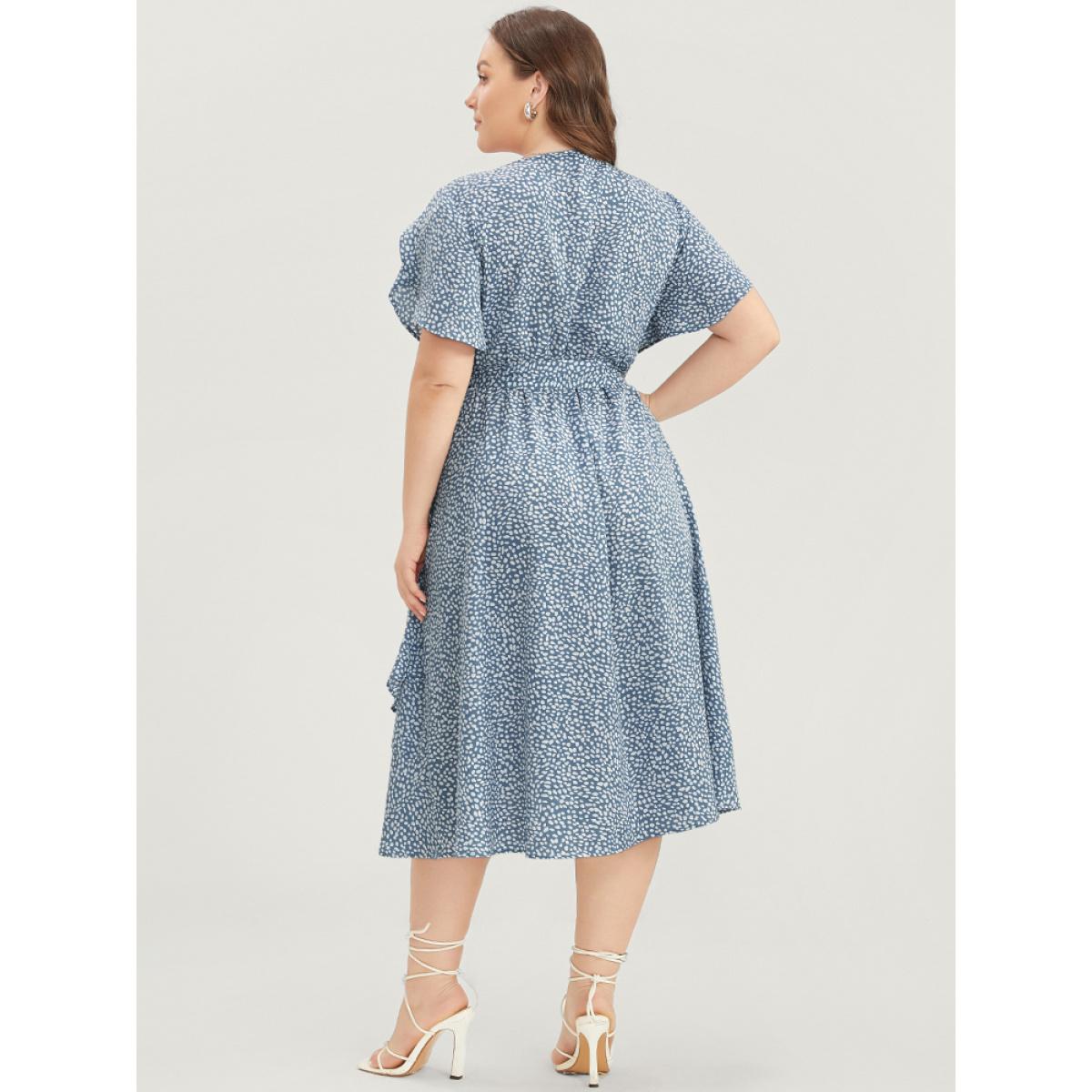 Plus Size Polka Dot Split Sleeve Ruffle Pocket Belted Asymmetrical Hem Dress LightBlue Women Elegant Cross straps V-neck Short sleeve Curvy Midi Dress BloomChic 30/6X Product Image