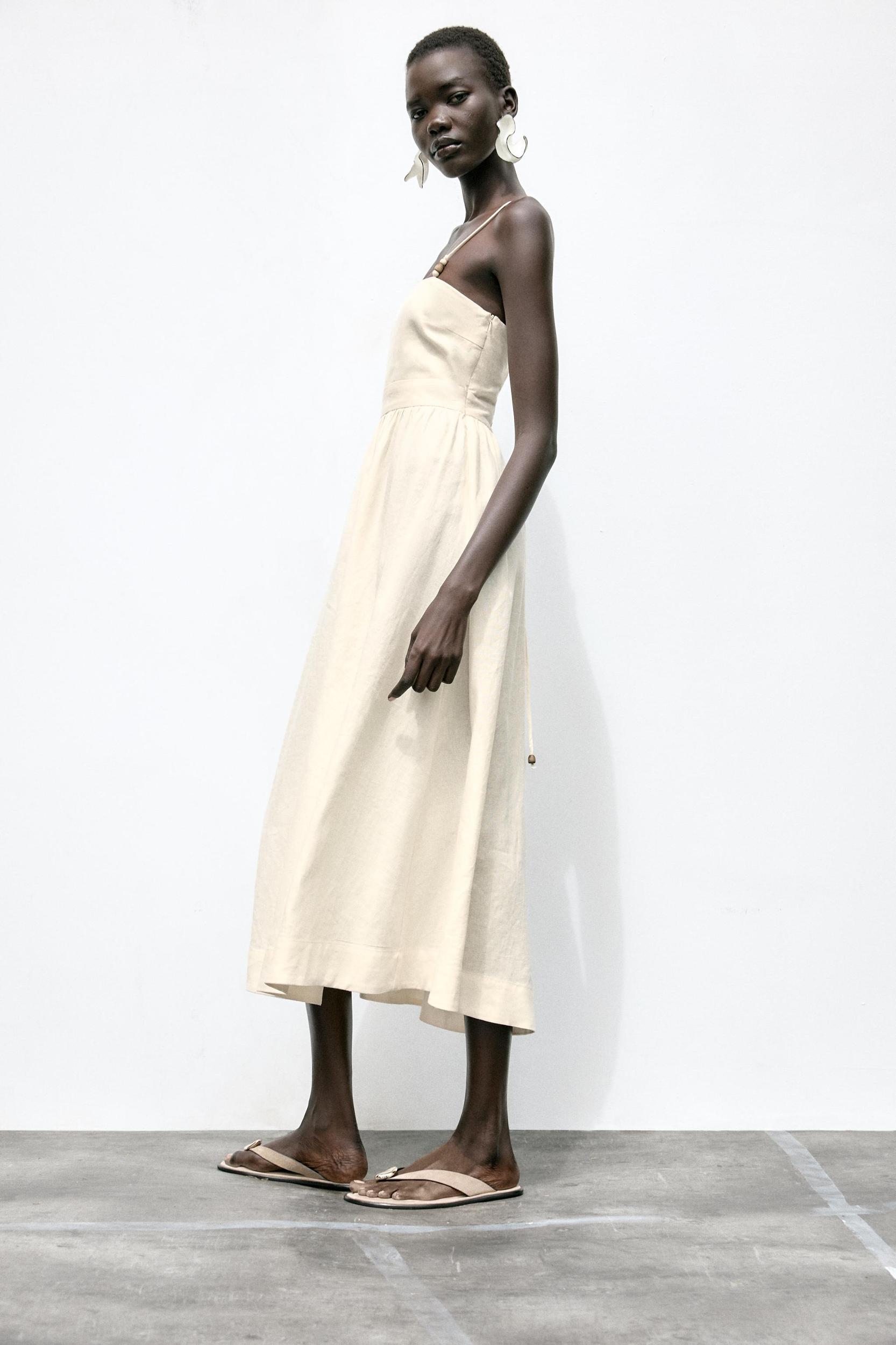 LINEN BEADED STRAP MIDI DRESS Product Image