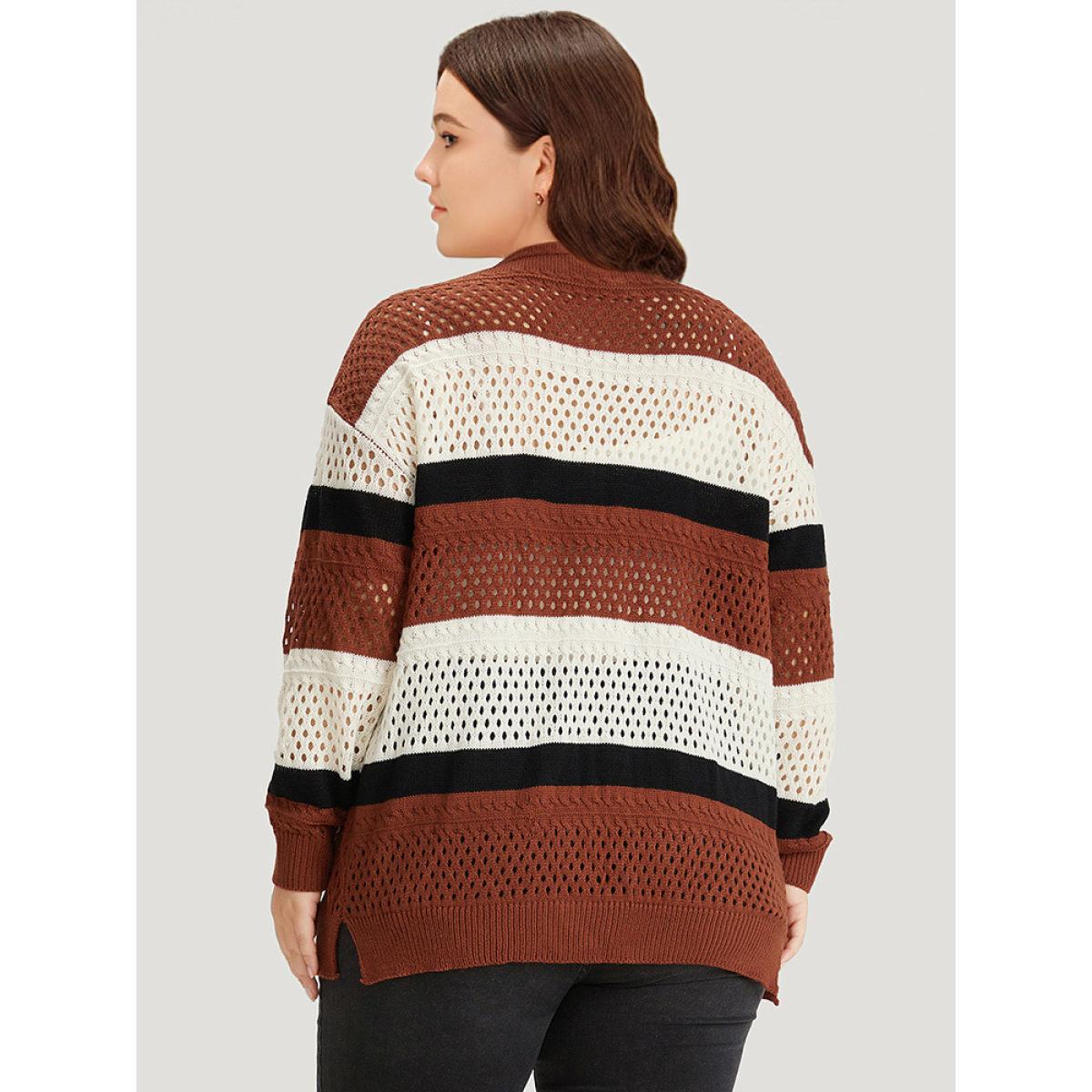 Plus Size Colorblock Contrast Geo Eyelet Button Through Cardigan Rust Women Casual Loose Long Sleeve Dailywear Cardigans BloomChic 14-16/1X Product Image