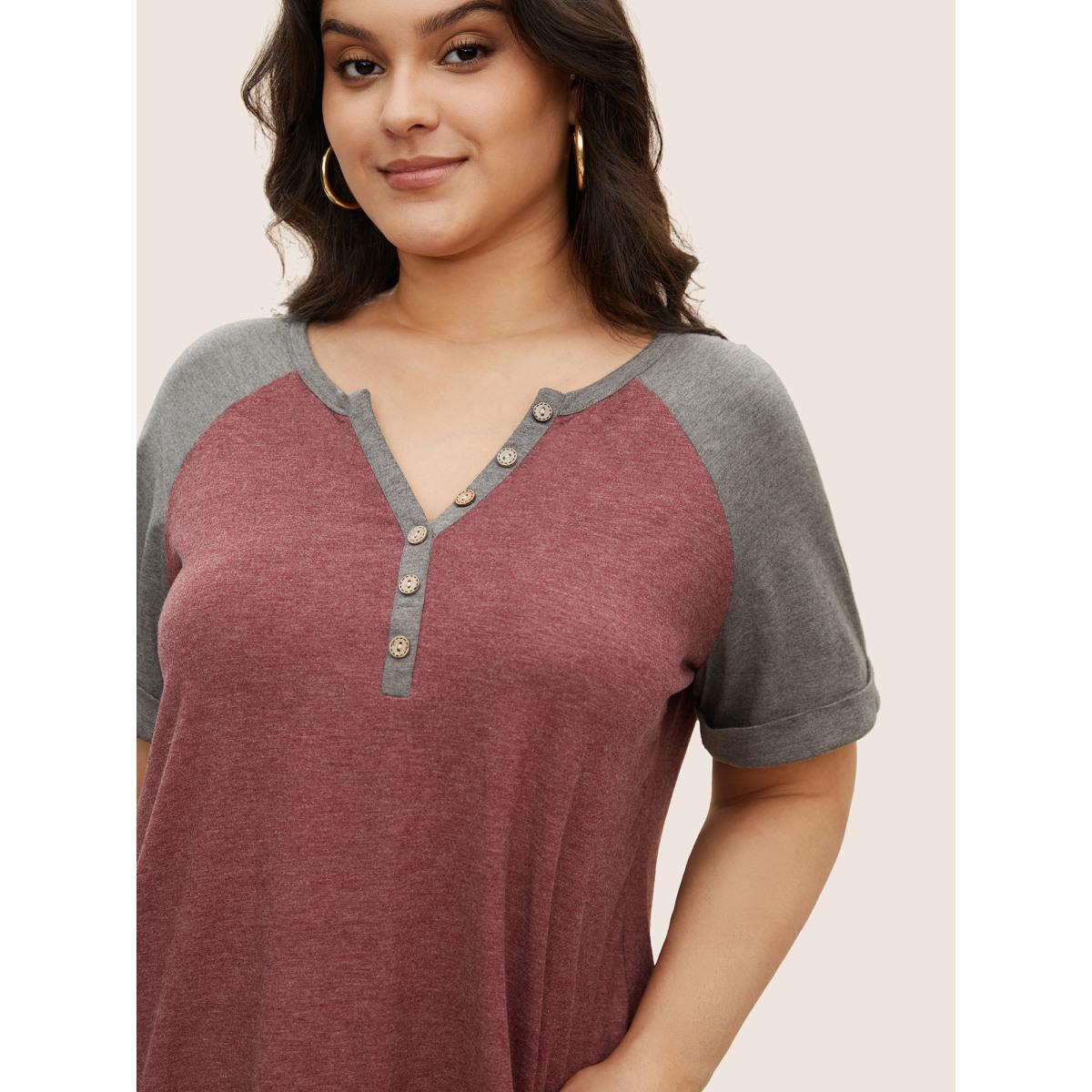 Plus Size Colorblock Contrast Roll Raglan Sleeve Button Detail Notched T-shirt Russet Women Casual Contrast Colorblock Round Neck Everyday T-shirts BloomChic 14-16/1X Product Image
