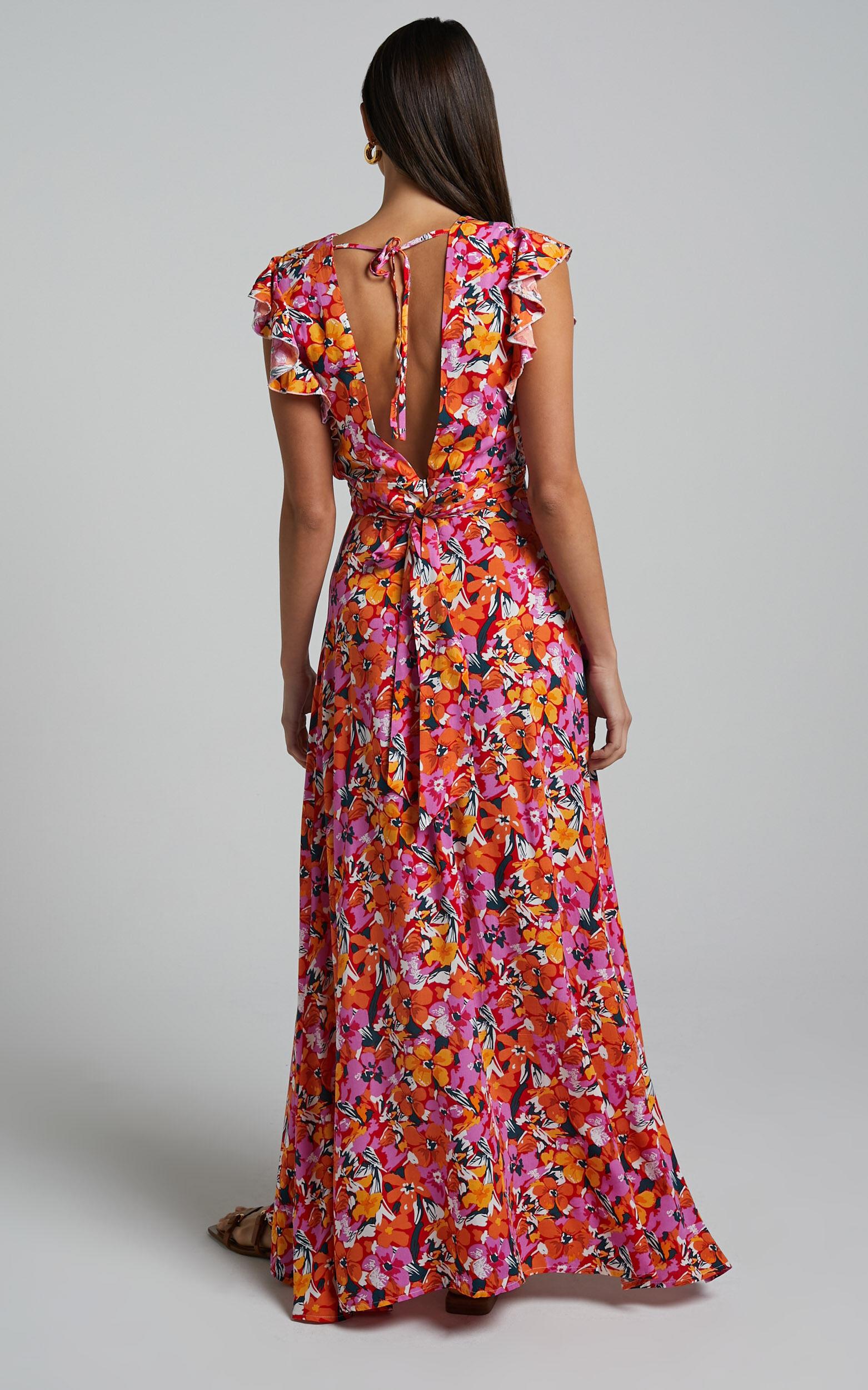 Dyliah Maxi Dress - Thigh Split Frill Shoulder Plunge Neck Dress in Spring Floral Product Image