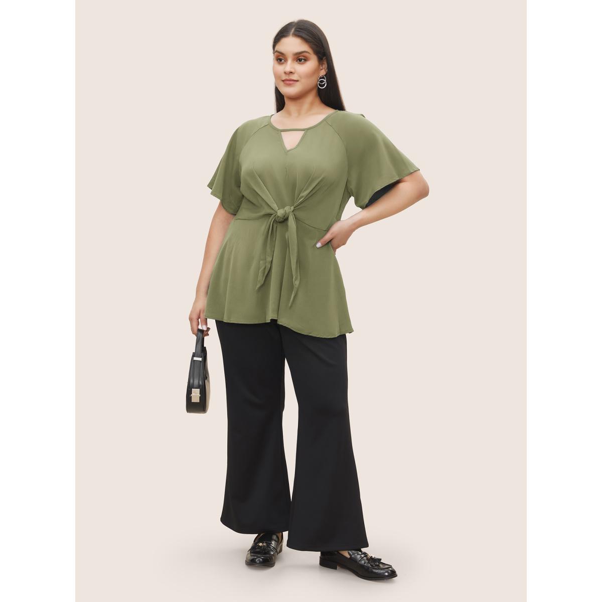 Plus Size ArmyGreen Plain Keyhole Knotted Front Ruffle Sleeve Blouse Women Office Short sleeve Round Neck Office Blouses BloomChic 26/4X Product Image