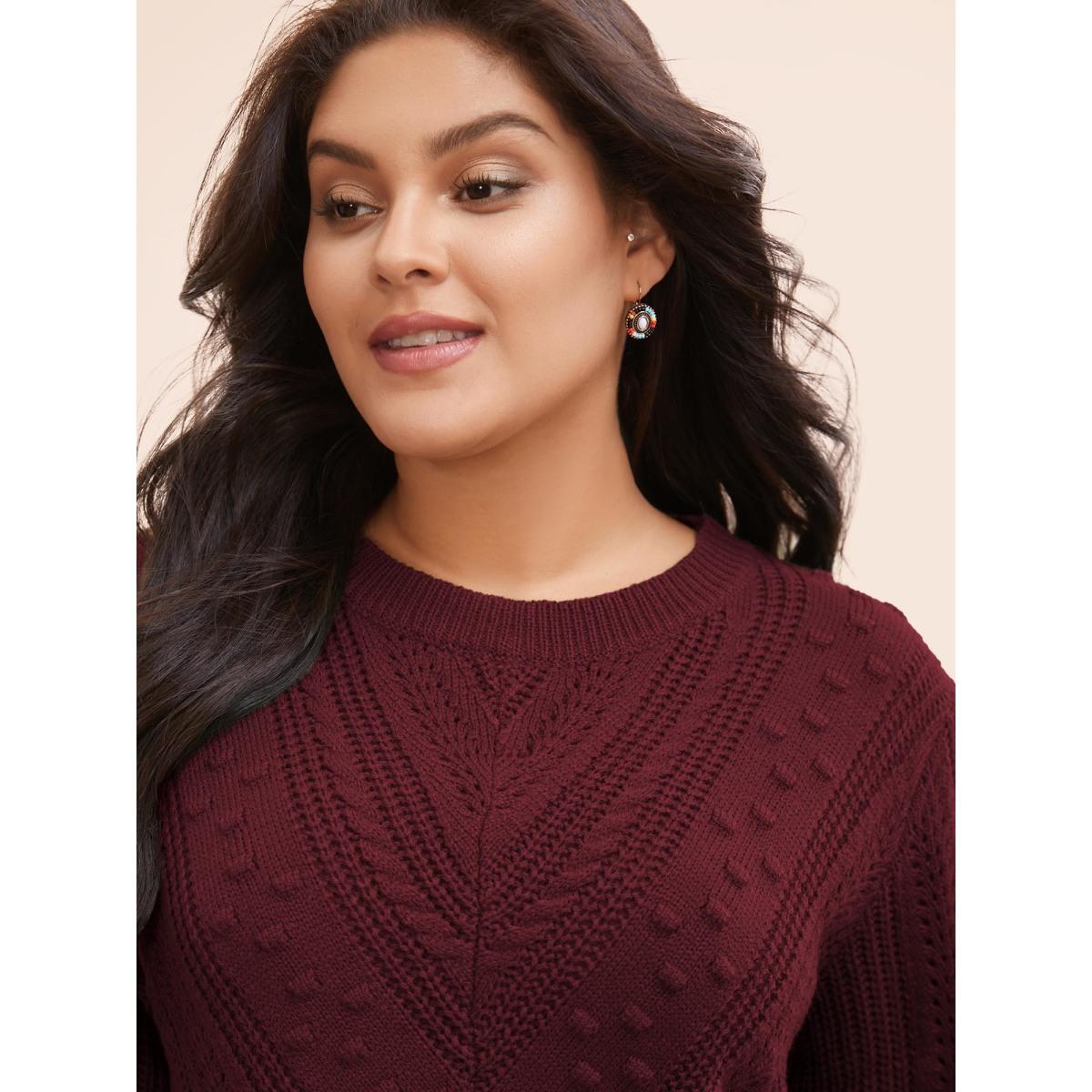 Plus Size Solid Round Neck Cable Knit Pullover Scarlet Women Casual Long Sleeve Round Neck Everyday Pullovers BloomChic 22-24/3X Product Image