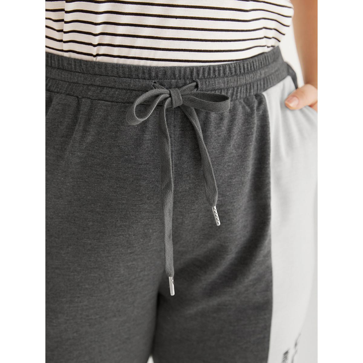 Letter Print Bowknot Contrast Patchwork Pocket Sweatpants Gray Plus Size Women Casual Everyday Contrast 12/L Bloomchic Product Image