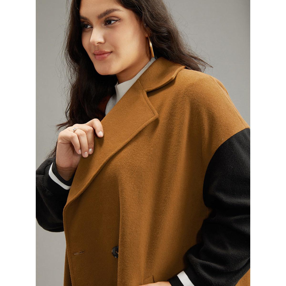 Plus Size Lapel Collar Patchwork Contrast Trim Coat Women Tan Casual Contrast Ladies Everyday Winter Coats BloomChic 30/6X Product Image