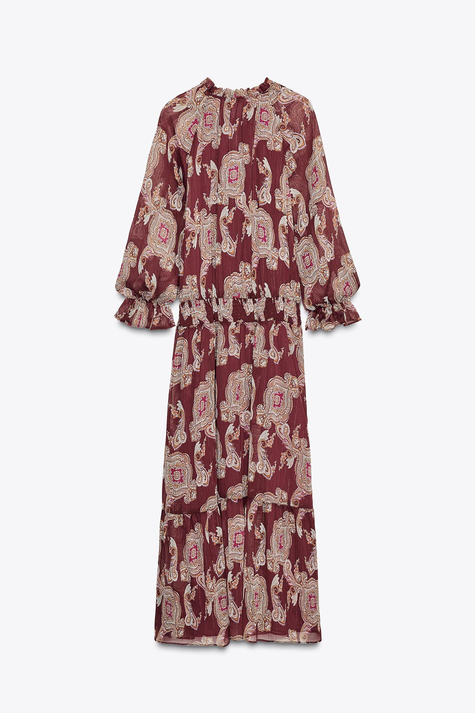LONG PRINTED DRESS WITH METALLIC THREAD Product Image