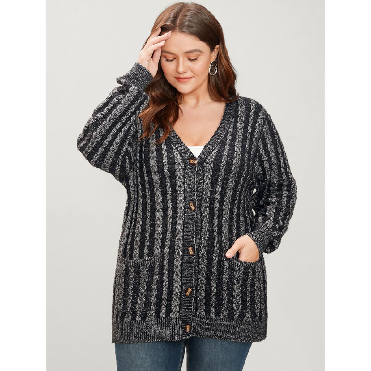 Plus Size Striped Contrast Pointelle Knit Pocket Button Front Heather Cardigan DimGray Women Casual Loose Long Sleeve Everyday Cardigans BloomChic 14-16/1X Product Image
