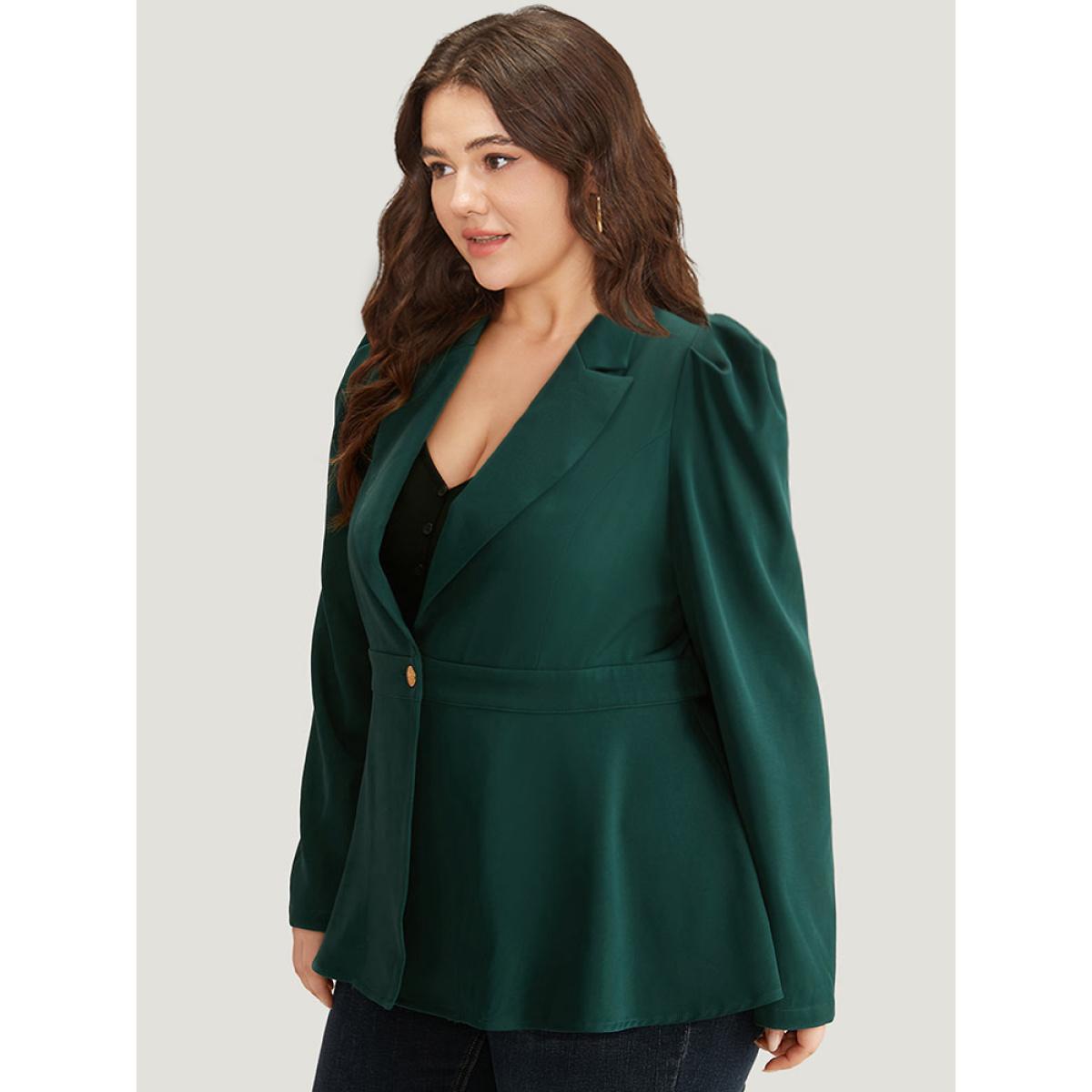 Plus Size Button Fly Waistline Inside Blazer DarkGreen Women Work Plain Gathered Sleeve Long Sleeve Suit Collar 28/5X At the Office Blazers BloomChic Product Image