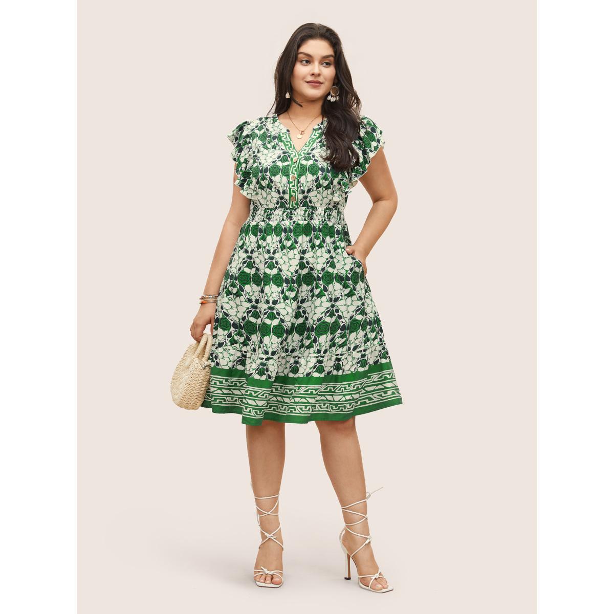 Plus Size Boho Print Ruffles Shirred Pocket Elastic Waist Dress Green Women Boho Non Notched collar Cap Sleeve Curvy Midi Dress BloomChic 12/L Product Image