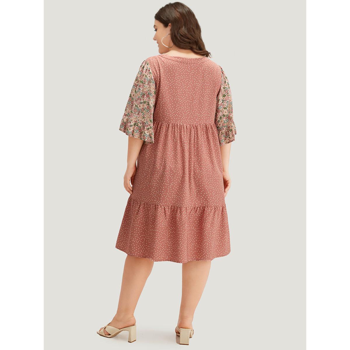 Plus Size Polka Dot & Ditsy Floral Print Notched Flutter Dress Rouge Women Elegant Printed Notched collar Half Sleeve Curvy Midi Dress BloomChic 22-24/3X Product Image