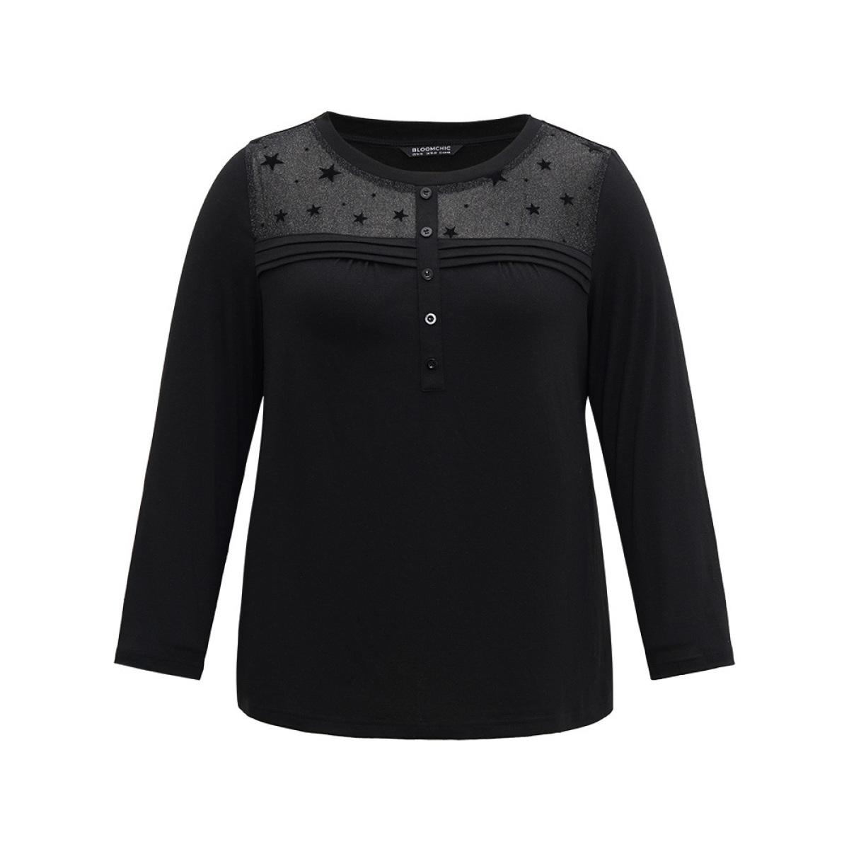 Plus Size Star Mesh Patchwork Button Detail T-shirt Black Women Elegant See through Moon and Star Round Neck Dailywear T-shirts BloomChic 10/M Product Image