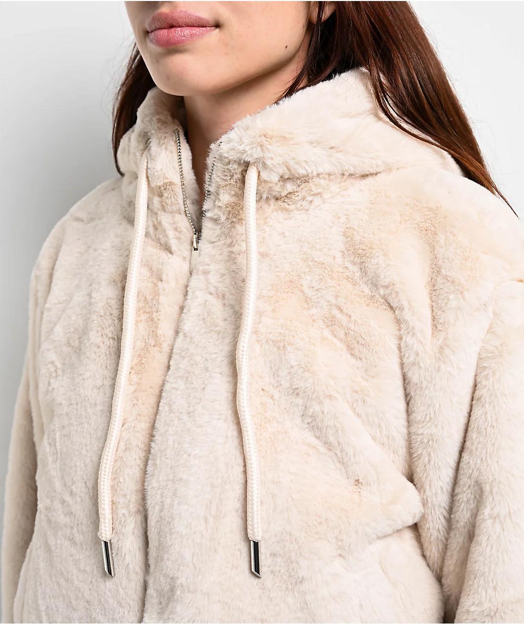 STOOSH Faux Fur Beige Crop Zip Hoodie Product Image