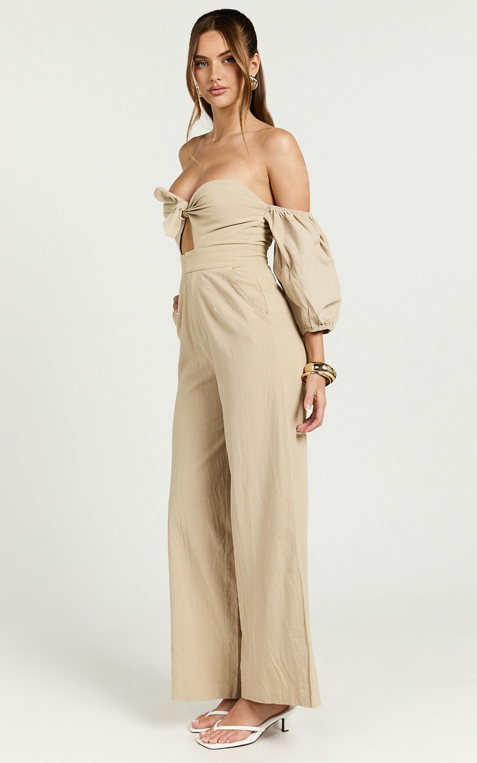 Maja Jumpsuit - Front Tie Off Shoulder Jumpsuit in Sand Product Image