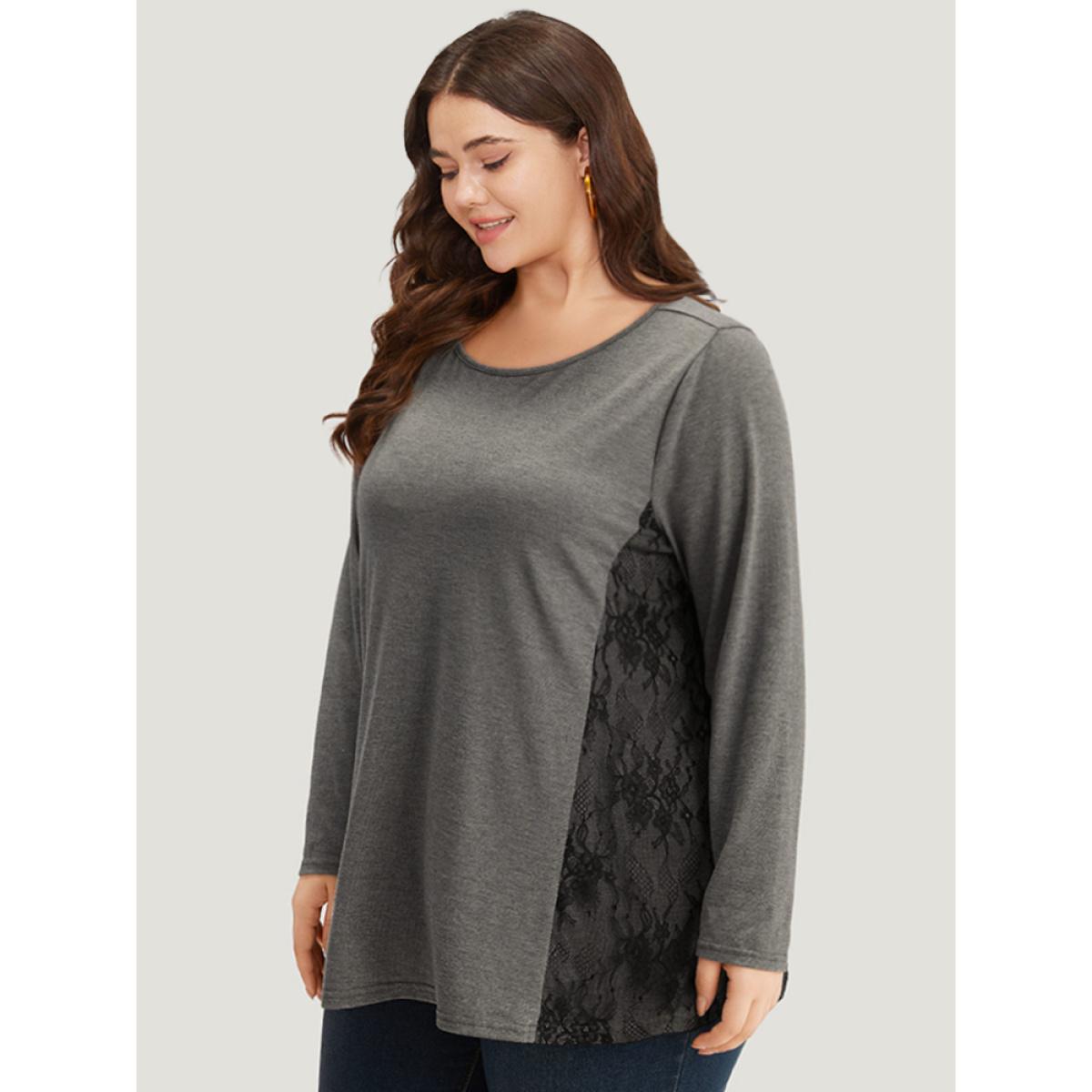 Plus Size Crochet Lace Crew Neck Patchwork T-shirt Gray Women Elegant Contrast Plain Round Neck Everyday T-shirts BloomChic 10/M Product Image