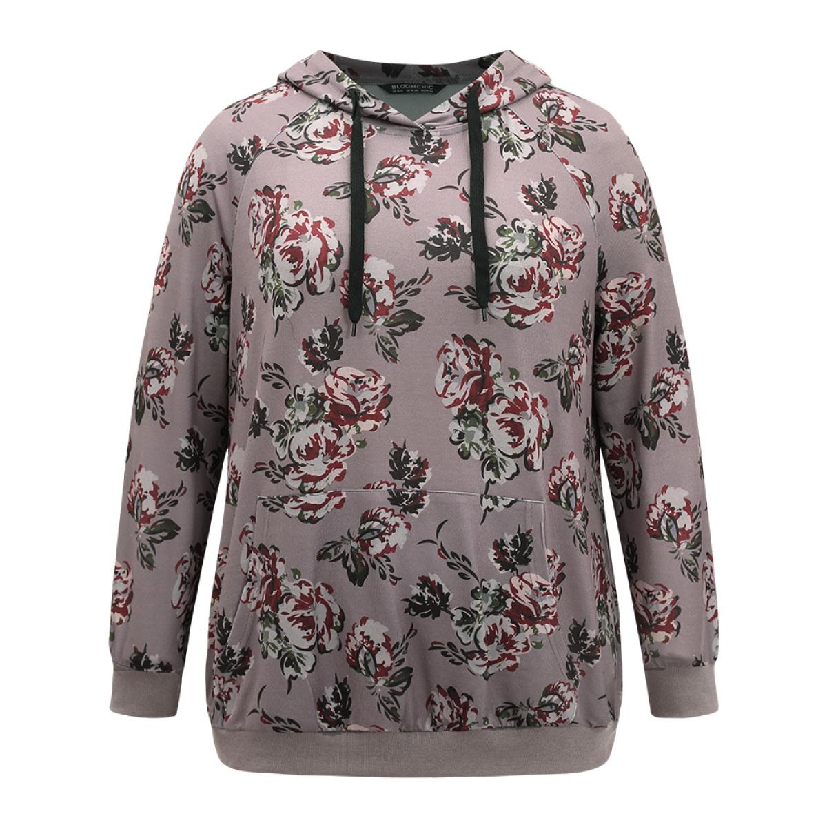 Plus Size Floral Drawstring Hooded Kangaroo Pocket Sweatshirt Women Gray Elegant Printed Hooded Dailywear Sweatshirts BloomChic 26/4X Product Image