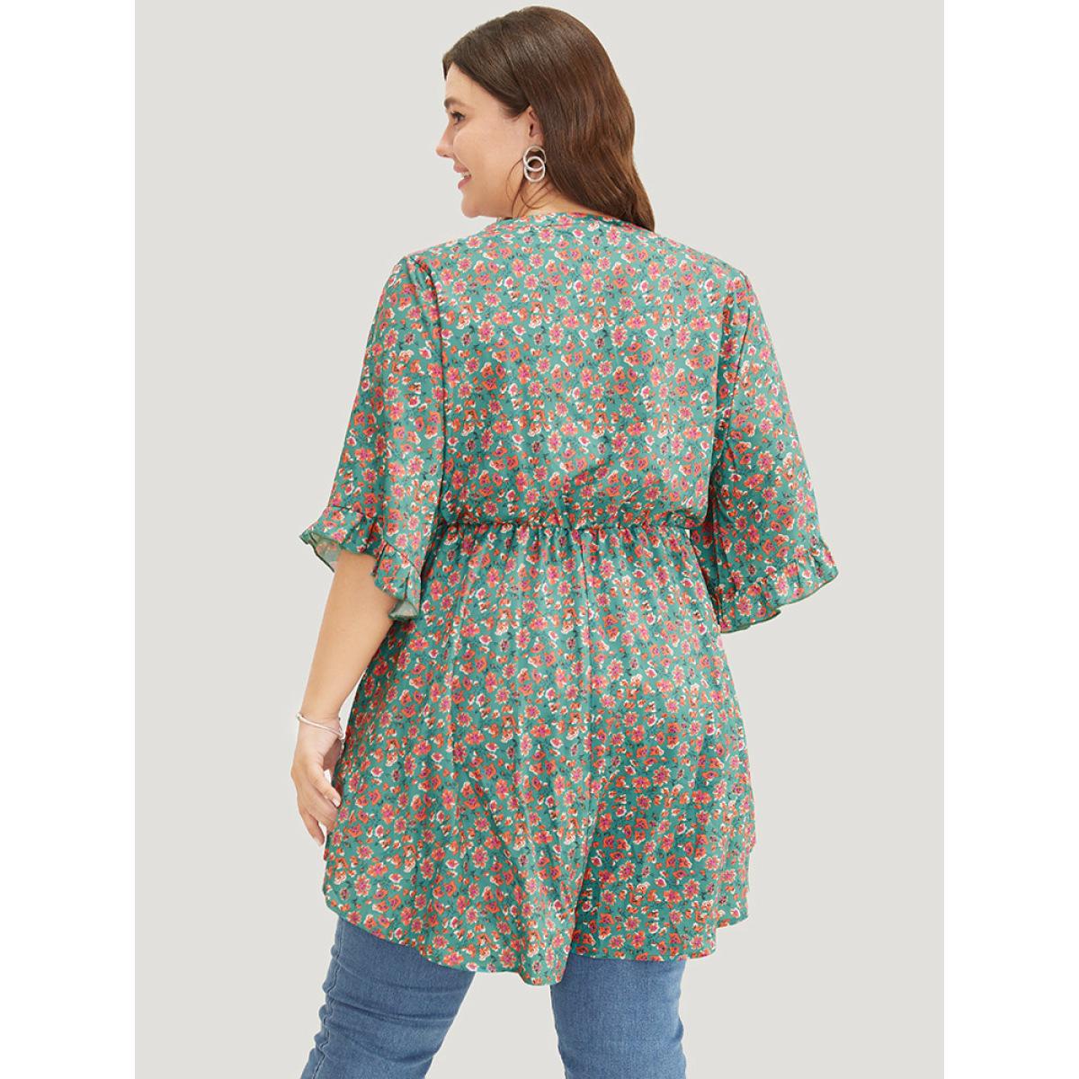 Plus Size Emerald Ditsy Floral Ruffle Sleeve Notched High Low Hem Blouse Women Elegant Short sleeve Notched collar Dailywear Blouses BloomChic 10/M Product Image
