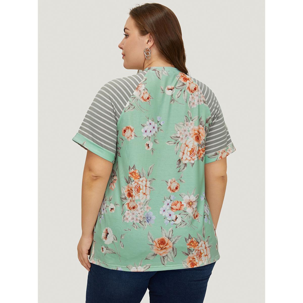 Plus Size Floral & Striped Print Patchwork Roll Raglan Sleeve T-shirt Mint Women Elegant Patchwork Striped Round Neck Dailywear T-shirts BloomChic 18-20/2X Product Image