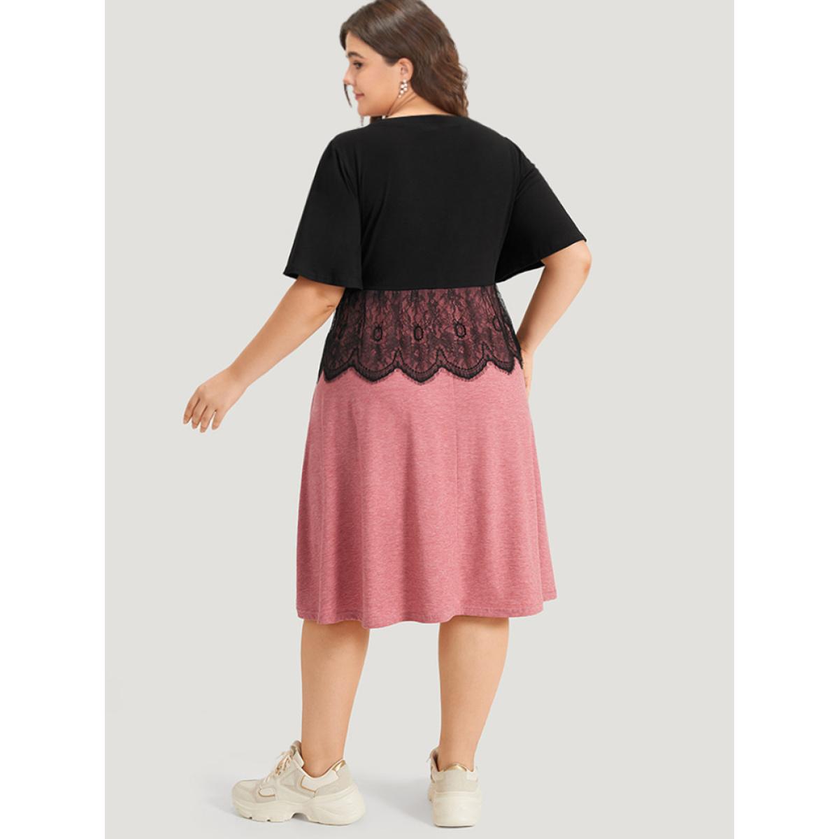 Plus Size Supersoft Essentials Colorblock Contrast Guipure Lace Flutter Sleeve Dress Rouge Women Casual Contrast Round Neck Short sleeve Curvy Midi Dress BloomChic 22-24/3X Product Image