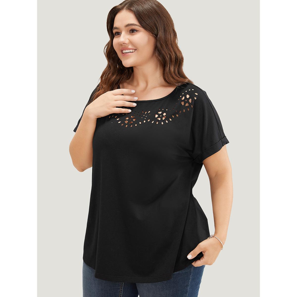 Plus Size Solid Roll Batwing Sleeve Laser Cut T-shirt Black Women Elegant Plain Round Neck Dailywear T-shirts BloomChic 12/L Product Image