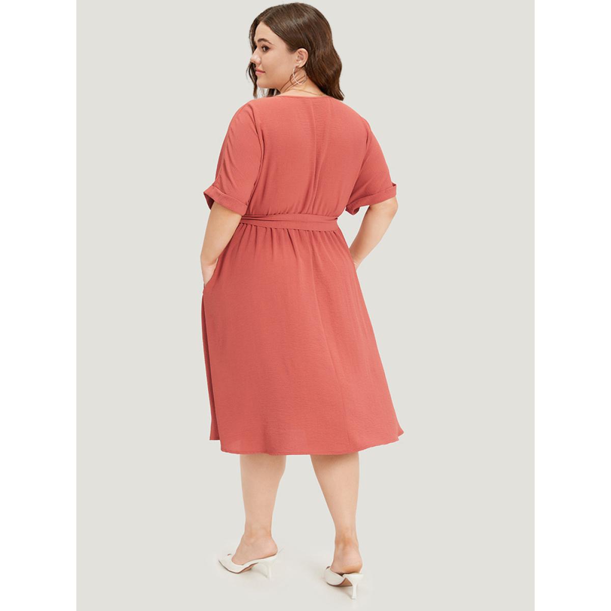 Plus Size Solid Pocket Button Detail Ties Roll Sleeve Dress Rust Women Office Plain V-neck Short sleeve Curvy Midi Dress BloomChic 12/L Product Image