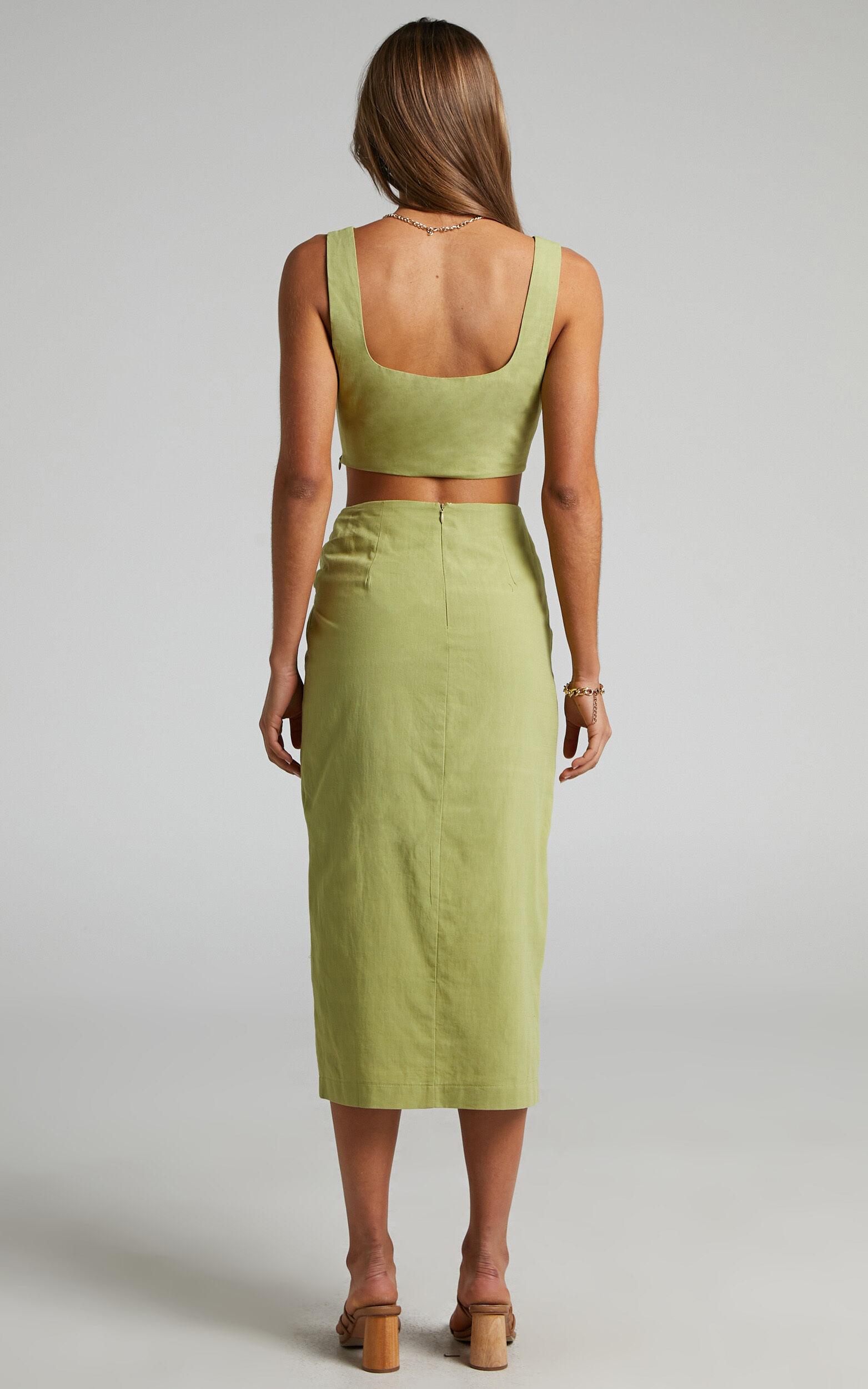Gibson Two Piece Top and Skirt Set - Linen Crop Top and Knot Front Midi Skirt Set in Celery Product Image