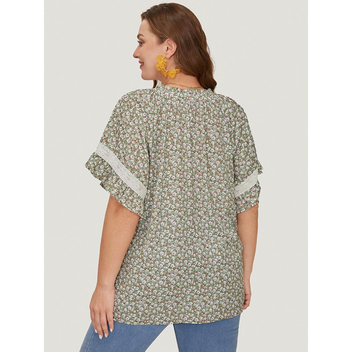 Plus Size Sage Ditsy Floral Frill Trim Lace Ruffle Sleeve Tie Neck Blouse Women Elegant Short sleeve Tie Neck Dailywear Blouses BloomChic 14-16/1X Product Image