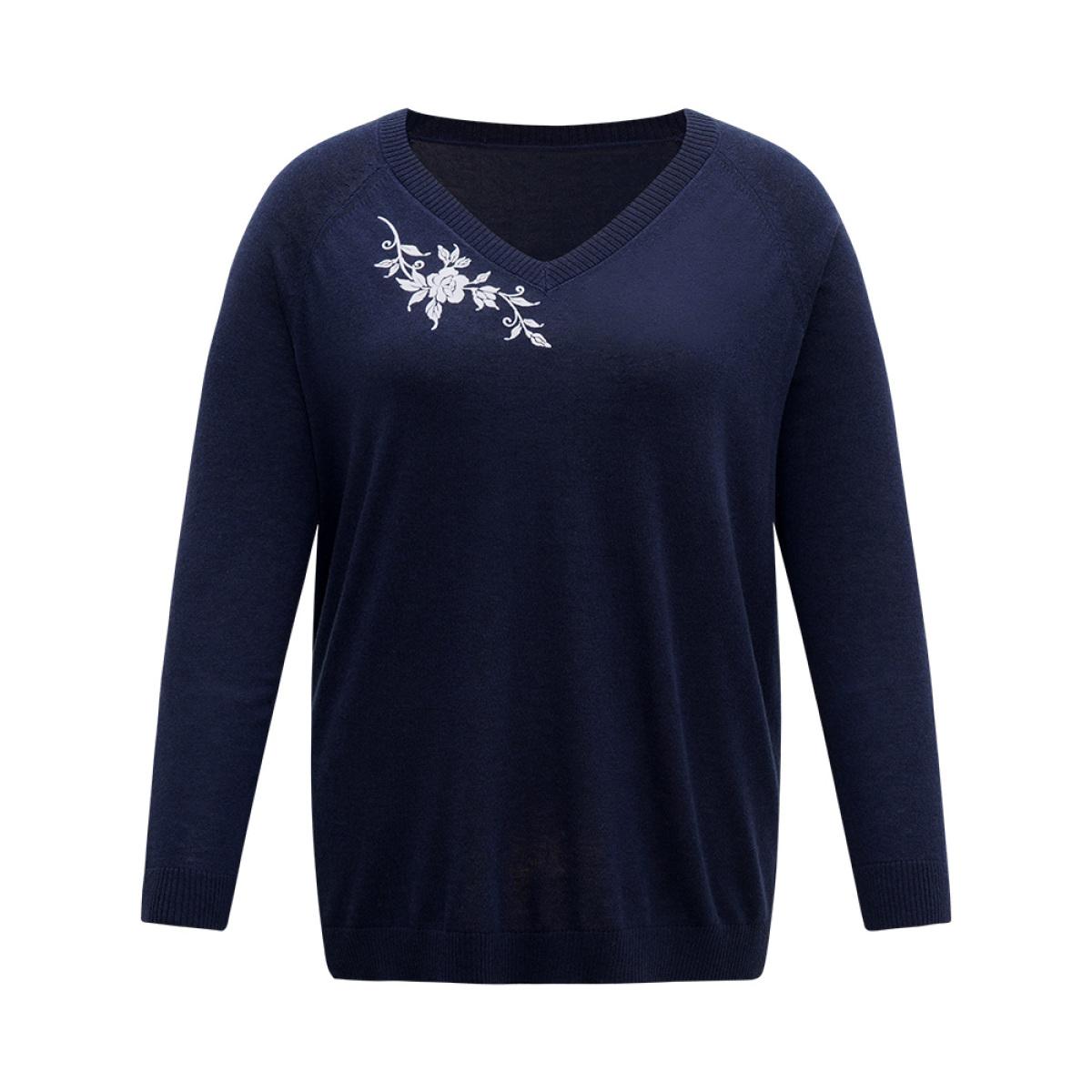 Plus Size Supersoft Essentials Floral Embroidered Pullover Indigo Women Casual Loose Long Sleeve V-neck Dailywear Pullovers BloomChic 18-20/2X Product Image