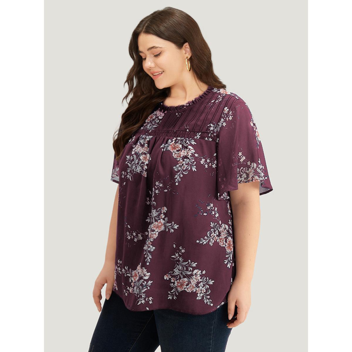 Plus Size Burgundy Floral Print Frill Trim Shirred Flutter Sleeve Blouse Women Elegant Short sleeve Round Neck Dailywear Blouses BloomChic 30/6X Product Image