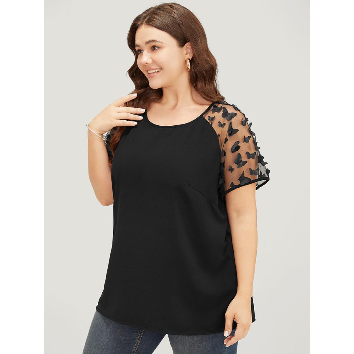 Plus Size Black Plain Butterfly Appliques Mesh Raglan Sleeve Blouse Women Party Short sleeve Round Neck Dailywear Blouses BloomChic 10/M Product Image