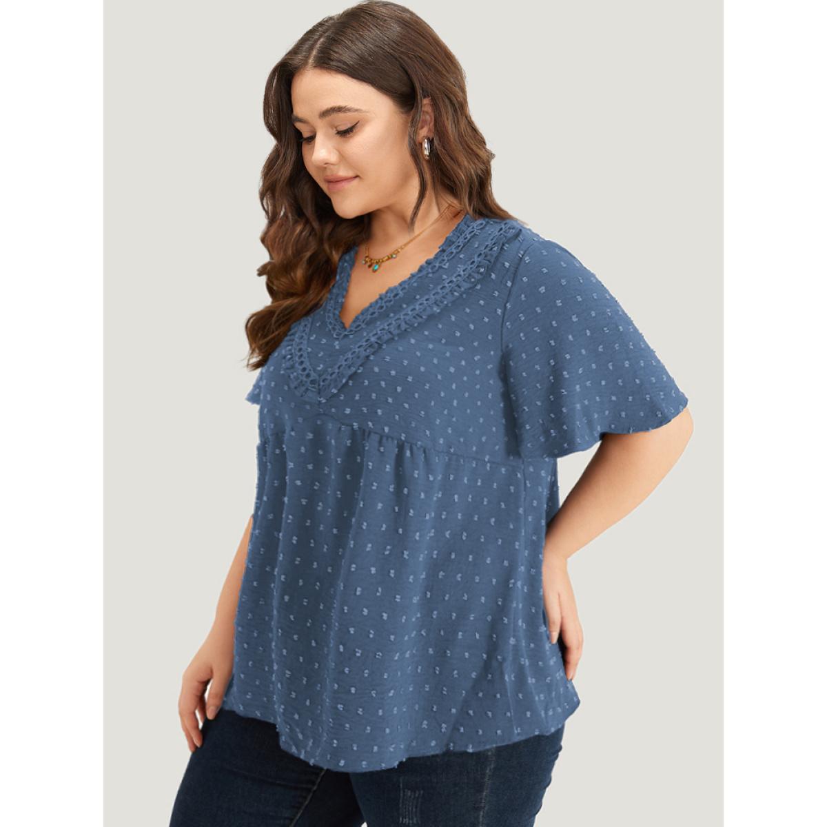 Plus Size Stone Polka Dot Frill Trim V Neck Flutter Blouse Women Elegant Short sleeve V-neck Work Blouses BloomChic 14-16/1X Product Image