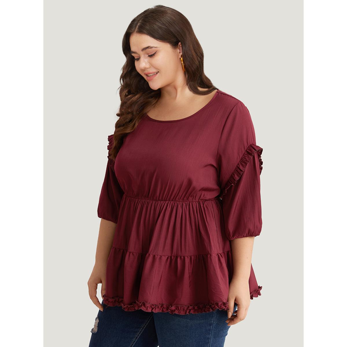 Plus Size Burgundy Plain Frill Trim Layered Hem Lantern Sleeve Blouse Women Elegant Elbow-length sleeve Round Neck Dailywear Blouses BloomChic 22-24/3X Product Image