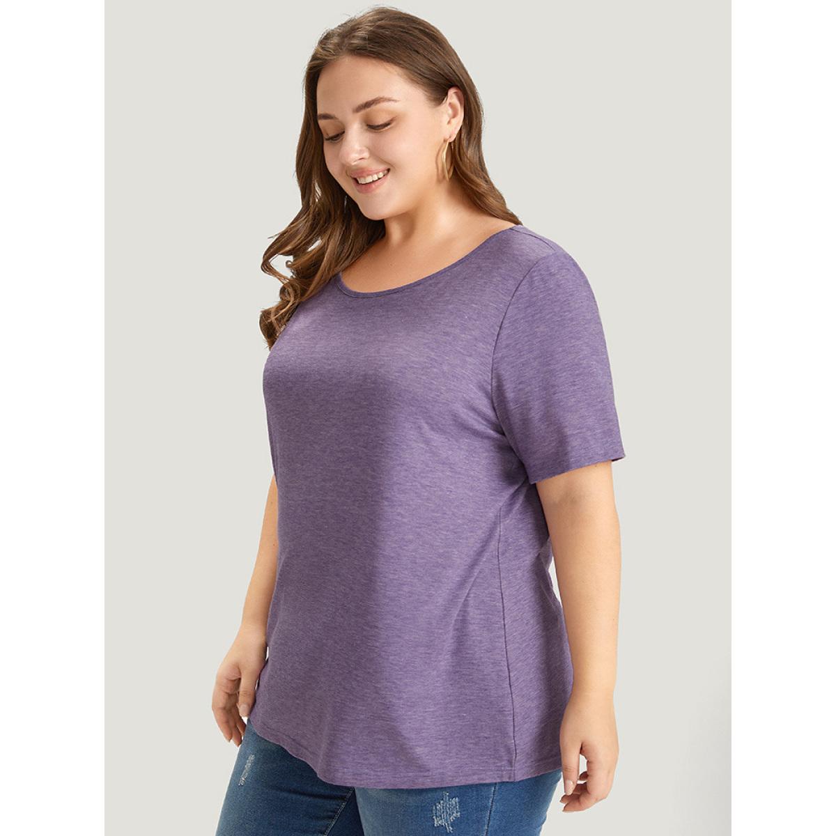 Plus Size Plain Contrast Lace Heather T-shirt Mauve Women Elegant Heather Plain Round Neck Dailywear T-shirts BloomChic 30/6X Product Image