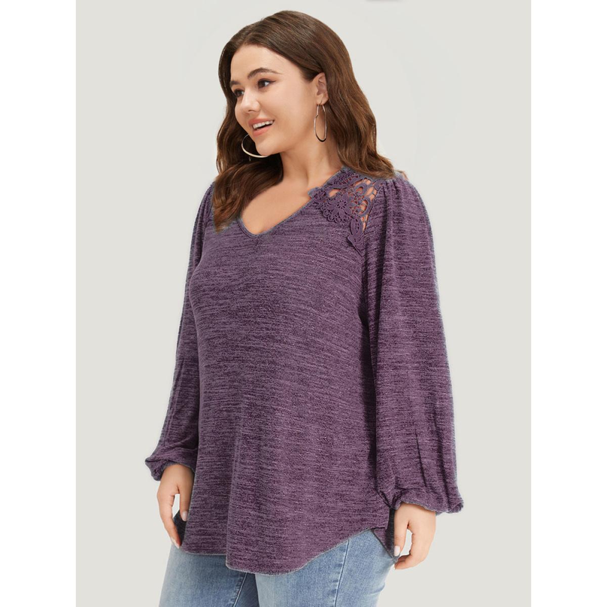 Plus Size Lace Insert Curved Hem Lantern Sleeve Sweatshirt Women Purple Elegant Elastic cuffs V-neck Dailywear Sweatshirts BloomChic 22-24/3X Product Image