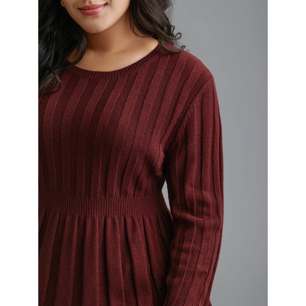 Plus Size Plain Cable Knit Pleated Texture Pullover Deepred Women Casual Bodycon Long Sleeve Round Neck Everyday Pullovers BloomChic 12/L Product Image