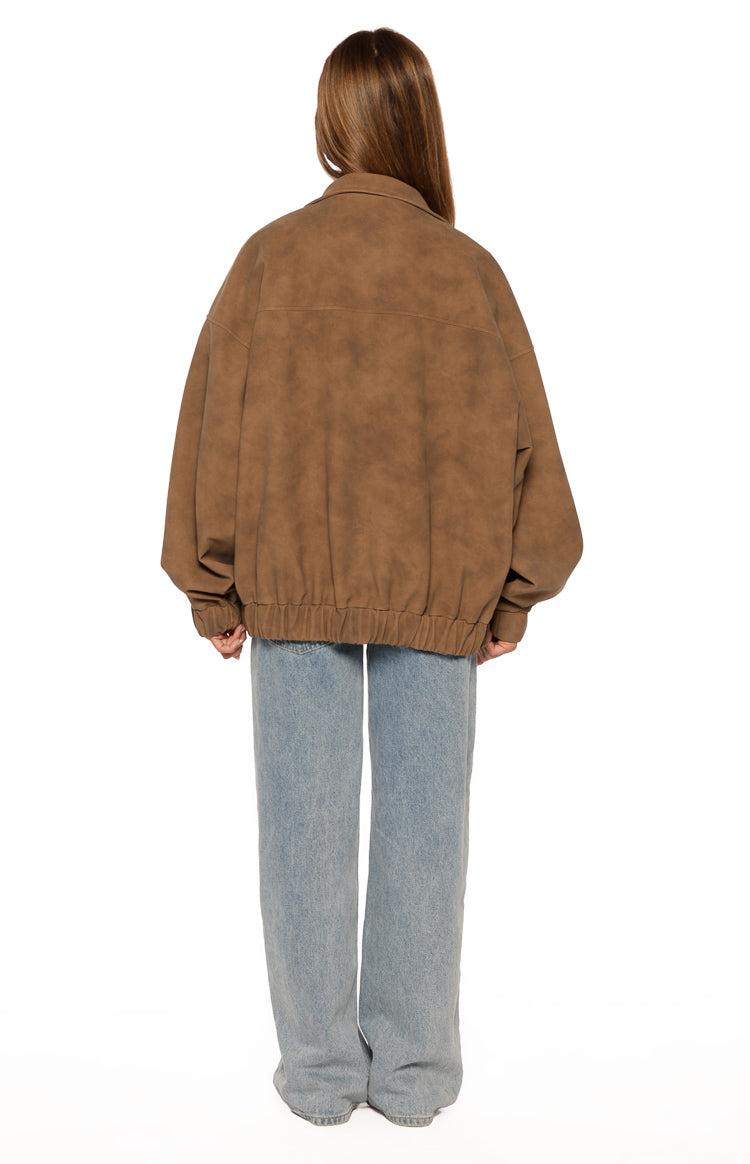 Sapna Brown Oversized Funnel Neck Suedette Jacket Product Image