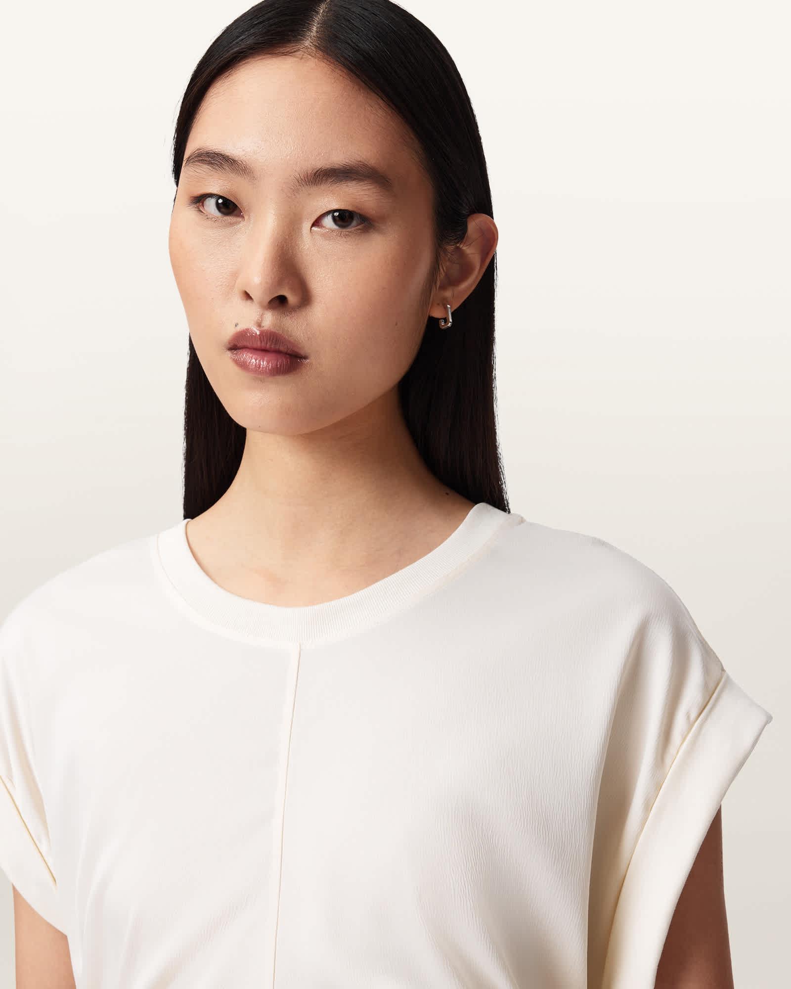 Mira Cropped Satin Drawcord T-Shirt TOFU WHITE | ALLSAINTS US Product Image